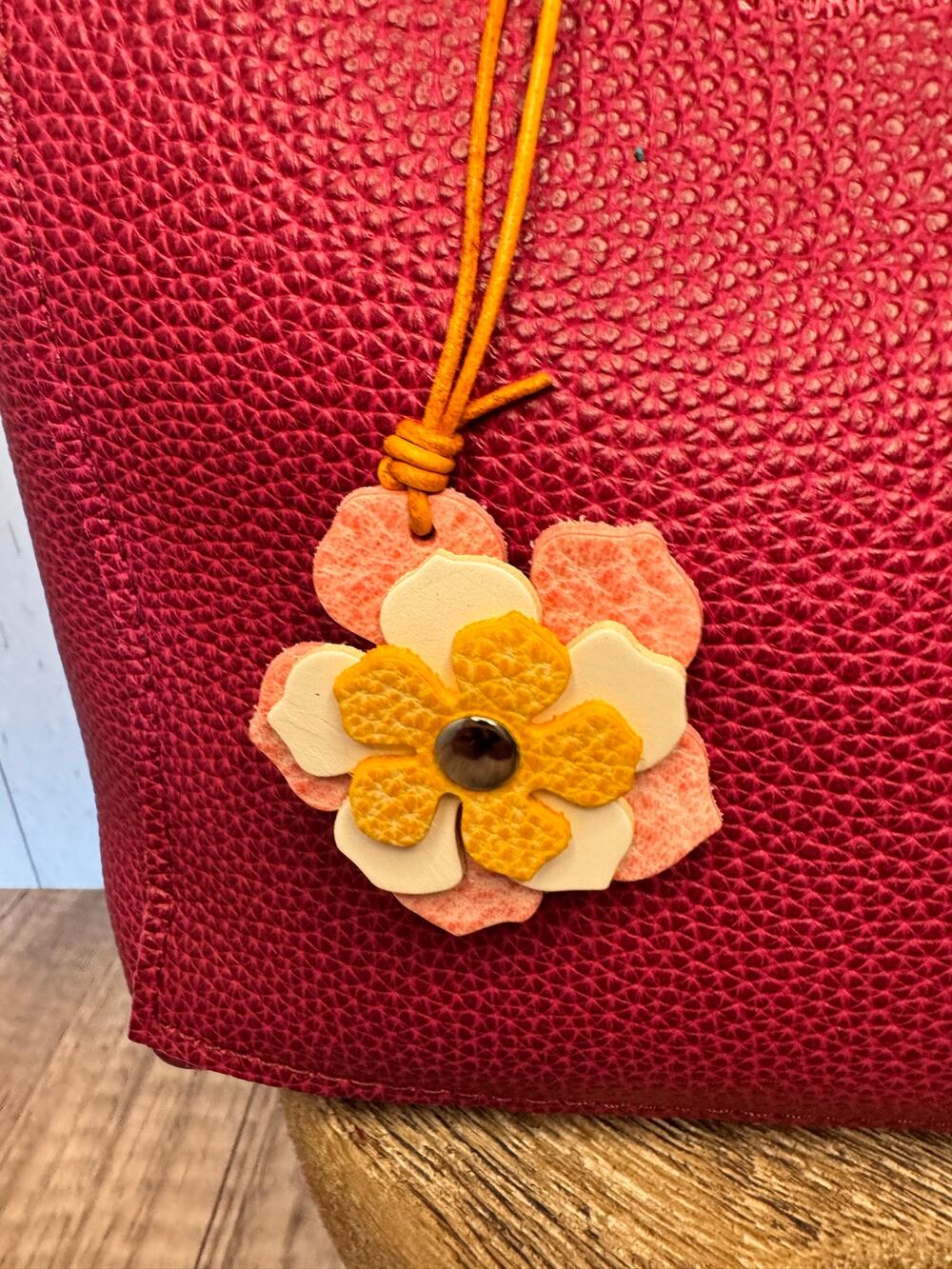 Leather Flower Bag Charm Yellow White Pink Flower Purse Charm Genuine Leather